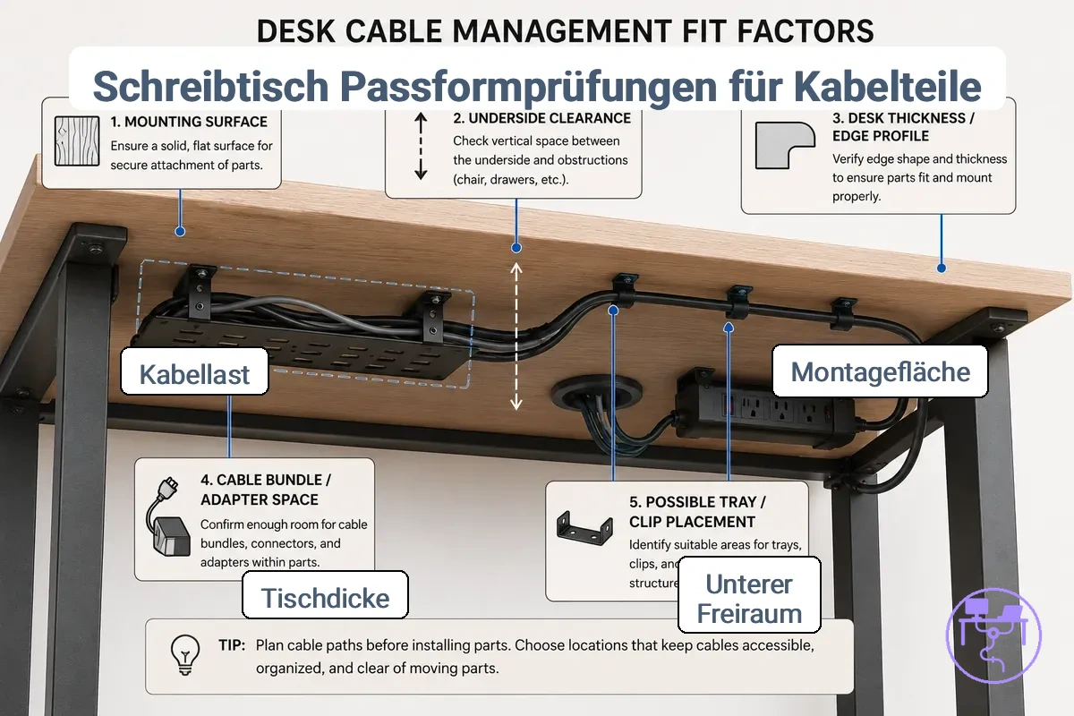 Beschriftete Schreibtischunterseite mit Passfaktoren für Kabelmanagement-Teile: Montagefläche, Freiraum, Stärke und Kabelbelastung