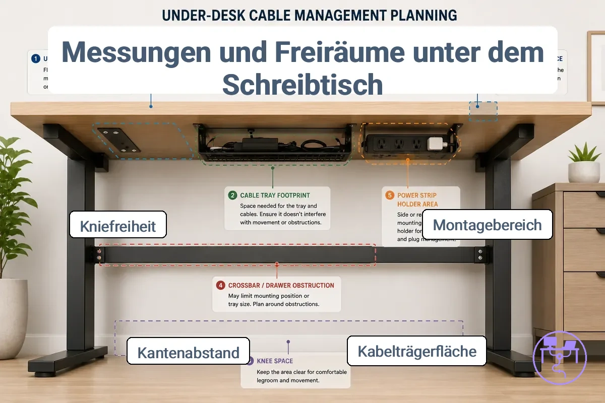 Maße der Schreibtischunterseite und Abstandsprüfungen mit Darstellung des Montageplatzes, der Tray-Grundfläche, des Randabstands und von Hindernissen