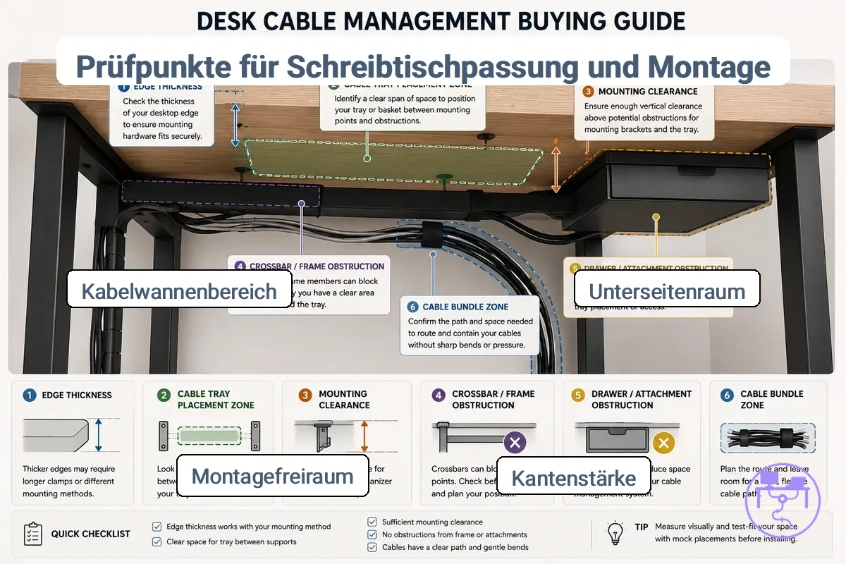 Diagramm zur Schreibtischpassform und Montagebedingungen mit Freiraum unter der Tischplatte, Kantenstärke und Kabelwannenplatzierung.