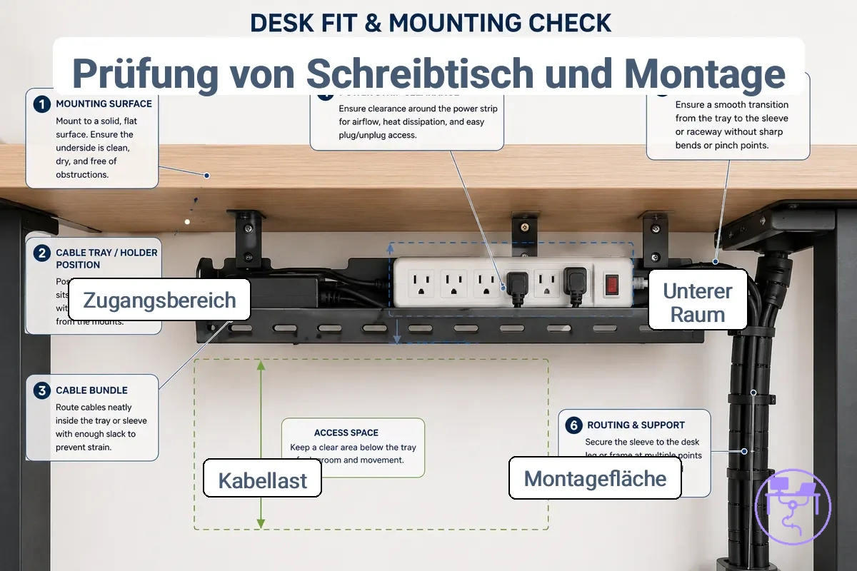 Überprüfung der Schreibtischpassung für die Montage eines Kabelmanagement-Systems unter einem Arbeitsplatz.