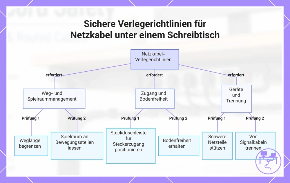 Sichere Verlegerichtlinien für Netzkabel unter einem Schreibtisch