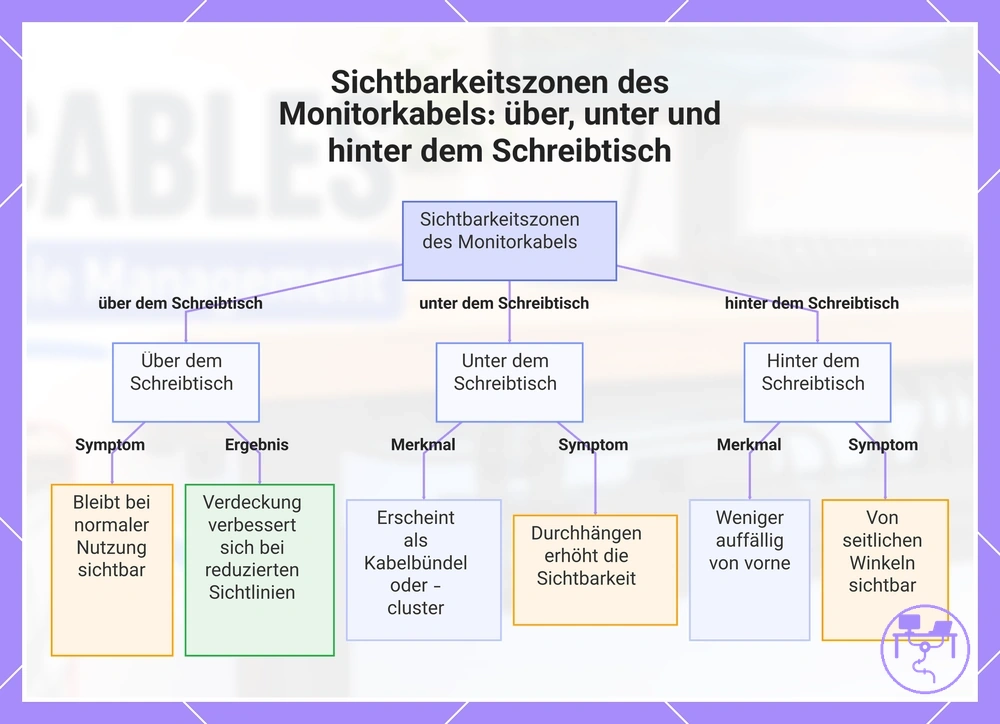 Sichtbarkeitszonen des Monitorkabels: über, unter und hinter dem Schreibtisch