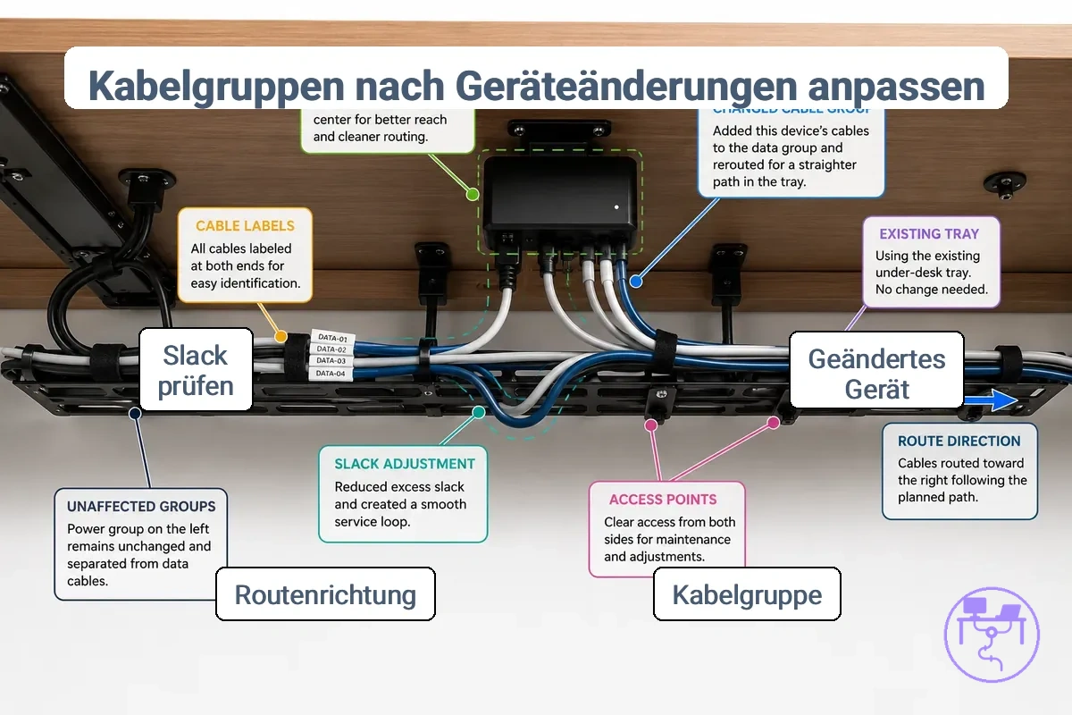 Anpassung des Kabelmanagement-Systems am Schreibtisch nach Geräteänderung mit geänderter Kabelgruppe, vorhandenem Kabelkanal, Etiketten, Kabelreserven und Routenrichtung