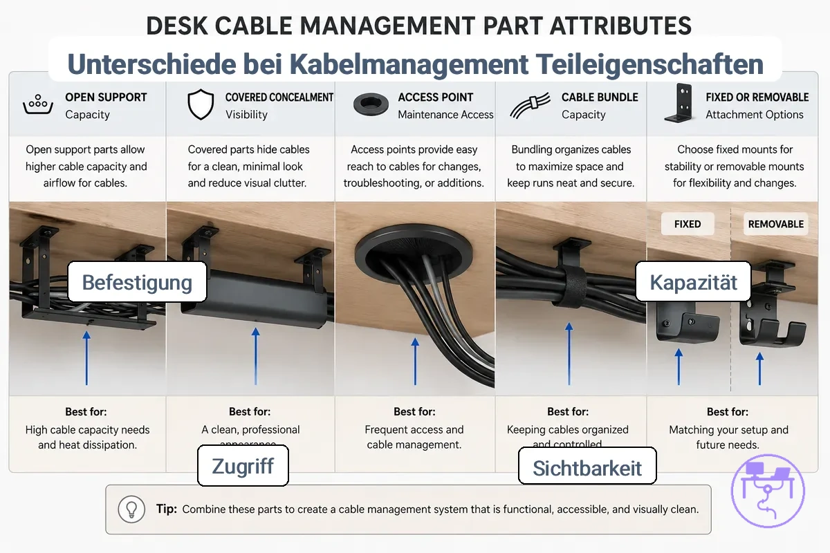 Vergleichsgrafik zu Attributen von Kabelmanagement-Teilen für den Schreibtisch: Kapazität, Sichtbarkeit, Zugang und Befestigung