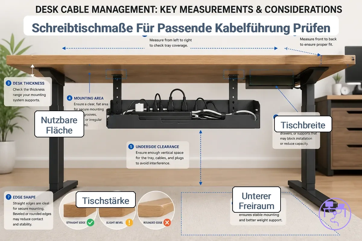 Tischmaße und Montagebereich, die die Kompatibilität des Kabelmanagement-Systems beeinflussen