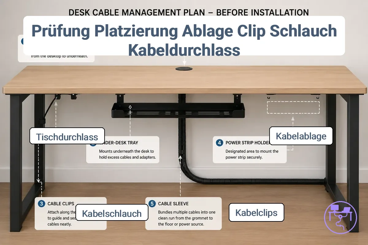 Platzierungsprüfungen für Tray, Clip, Schlauch und Kabeldurchführung mit Darstellung der Kabelmanagement-Teile unter und um einen Schreibtisch positioniert