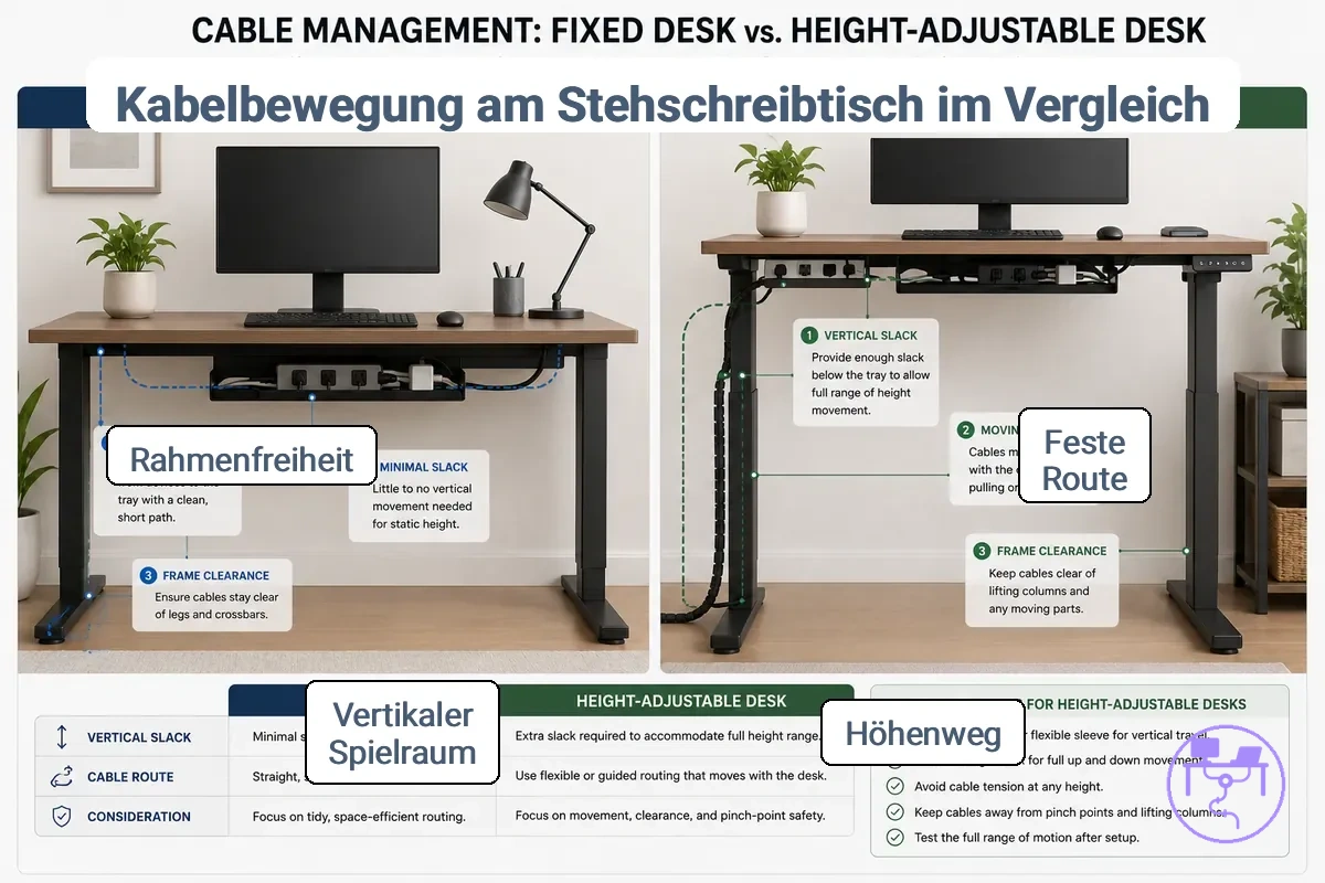 Vergleich des Kabelmanagements zwischen höhenverstellbarem und feststehendem Schreibtisch