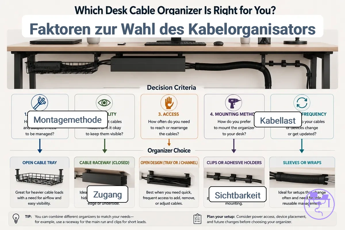 Vergleichsfaktoren, die die beste Wahl des Schreibtisch-Kabelorganisators beeinflussen, dargestellt mit beschrifteten Details der Schreibtisch-Kabelorganisatoren