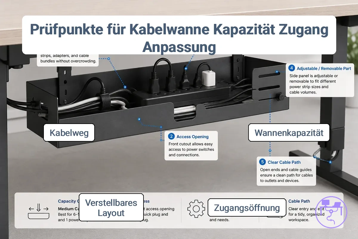 Untertisch-Wanne mit Kabelkapazität, Zugangsöffnung und anpassbarem Kabelmanagement-Bereich.
