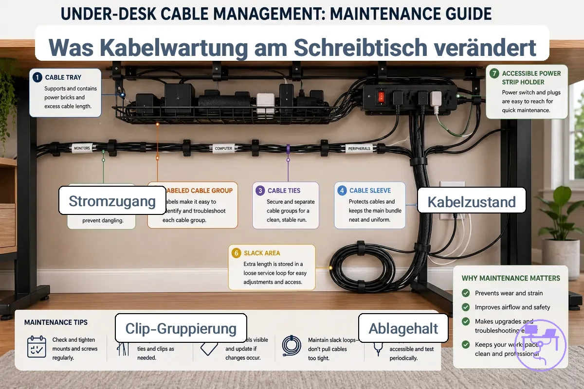beschriftetes Wartungssetup des Kabelmanagement-Systems am Schreibtisch mit Kabelkanal, Clips, Kabelbindern, Etiketten, Schlauch, Kabelreserven und Steckdosenleistenhalter