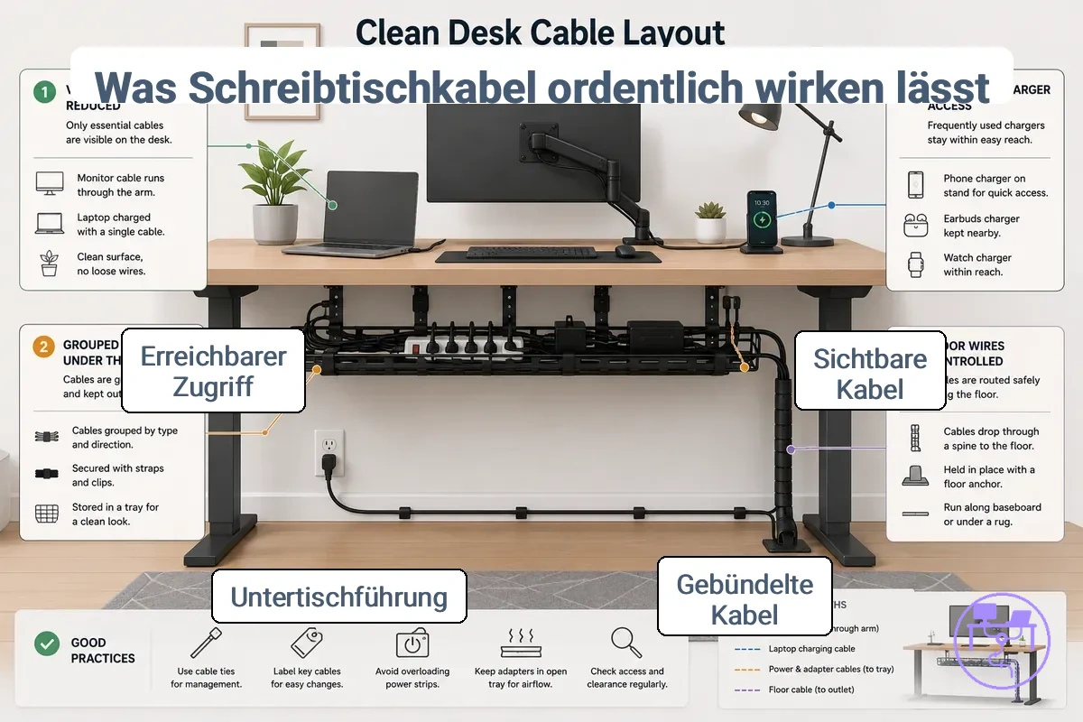 Schreibtisch-Kabellayout mit organisierter Kabelführung und zugänglichen Anschlüssen