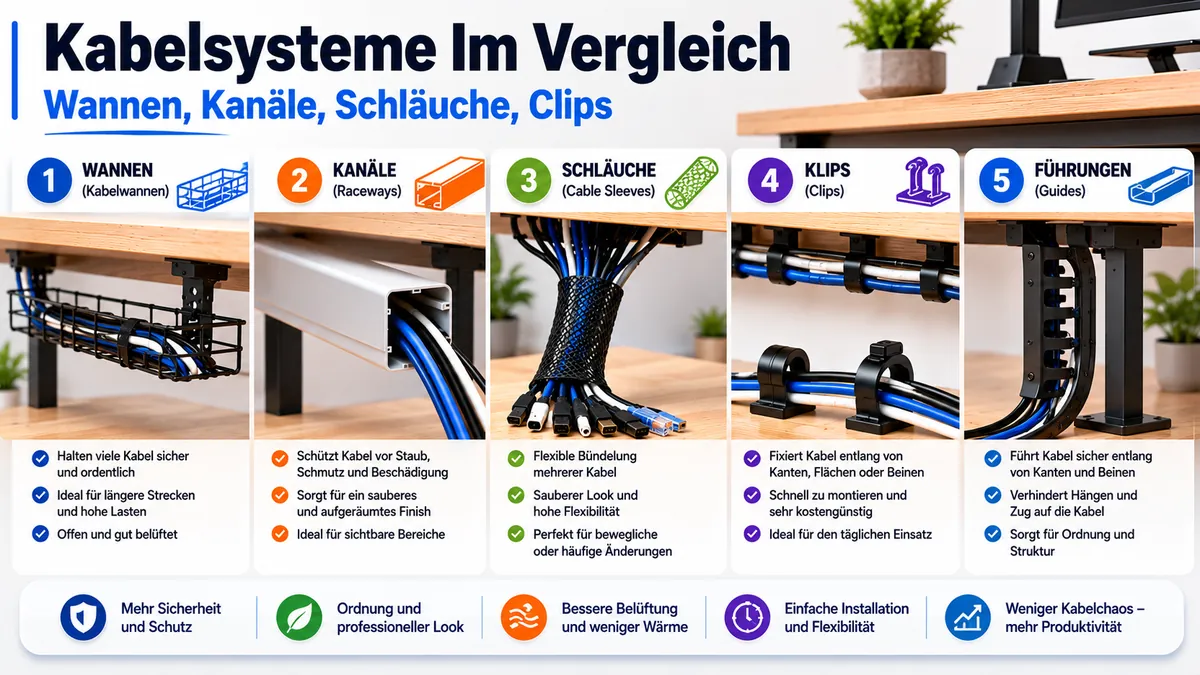 Verschiedene Arten von Kabelmanagement-Systemen für den Schreibtisch mit Kabelwannen, Kabelkanälen, Schläuchen, Clips und Führungen