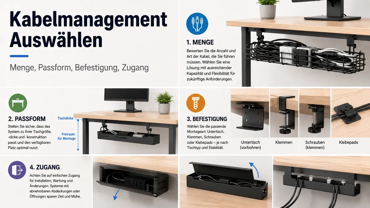 Auswahl eines Kabelmanagement-Systems für den Schreibtisch nach Kabelmenge, Tischpassform, Befestigungsart und Kabelzugang