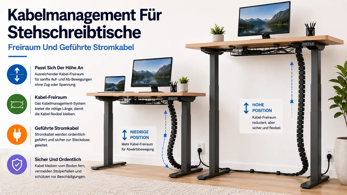 Kabelmanagement-System für einen höhenverstellbaren Schreibtisch mit Kabelfreiraum für die Höhenverstellung und geführten Stromkabeln