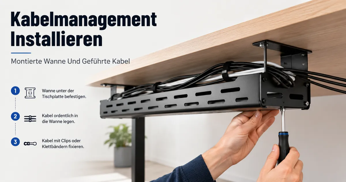 Installation eines Kabelmanagement-Systems unter dem Schreibtisch mit montierter Kabelwanne und geordnet geführten Kabeln