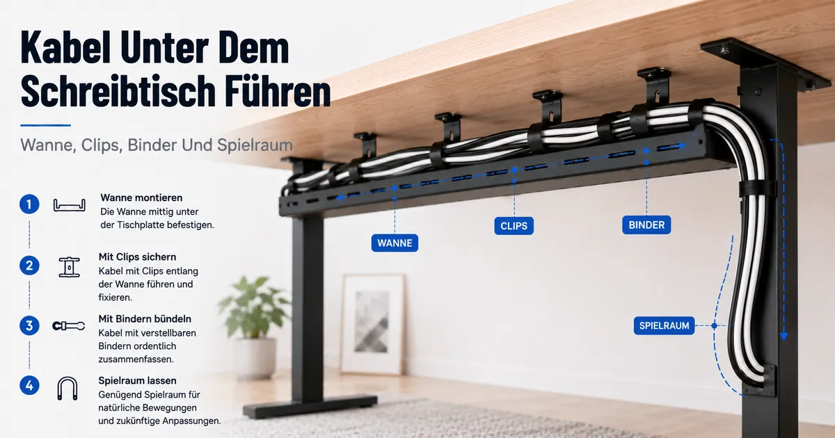 Unter dem Schreibtisch geführte Kabel in einer Kabelwanne mit Clips, Kabelbindern und kontrolliertem Spielraum