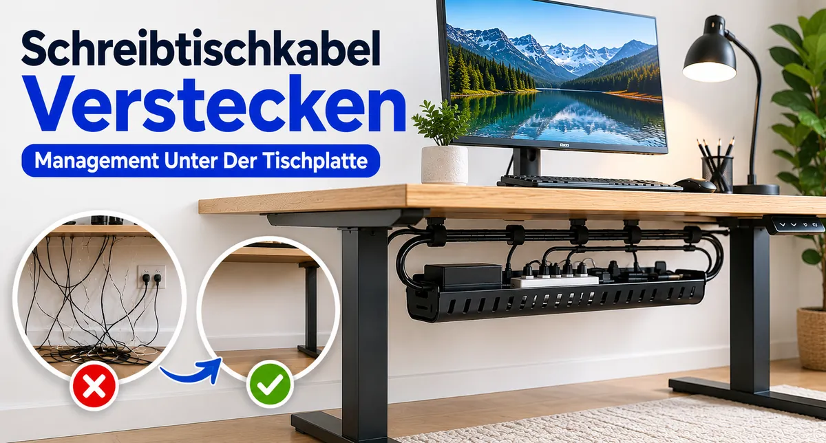 Versteckte Schreibtischkabel mit einem Kabelmanagement-System unter der Tischplatte für einen sauberen Arbeitsplatz