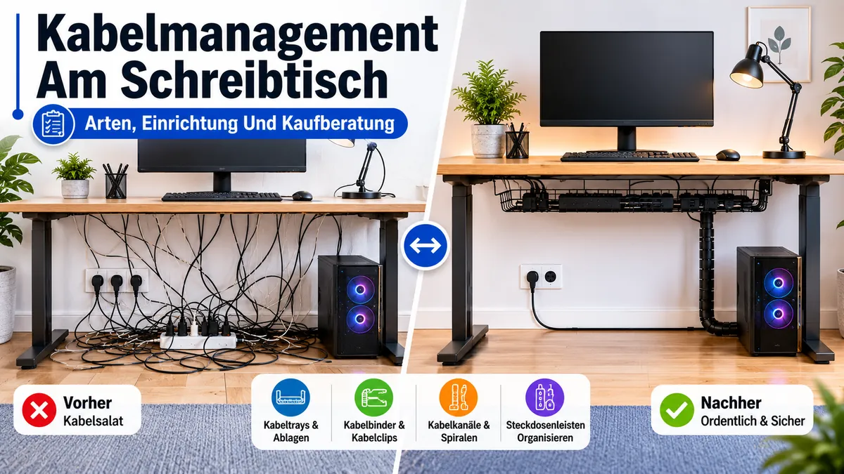 Kabelmanagement-System für den Schreibtisch mit Kabelwannen unter der Tischplatte, geführten Kabeln und aufgeräumtem Arbeitsplatz