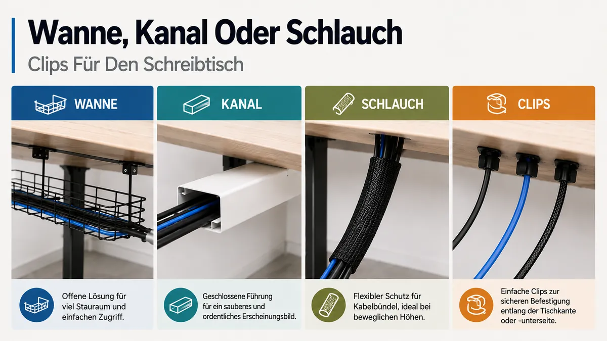 Vergleich von Kabelwanne, Kabelkanal, Kabelschlauch und Kabelclips für das Kabelmanagement am Schreibtisch