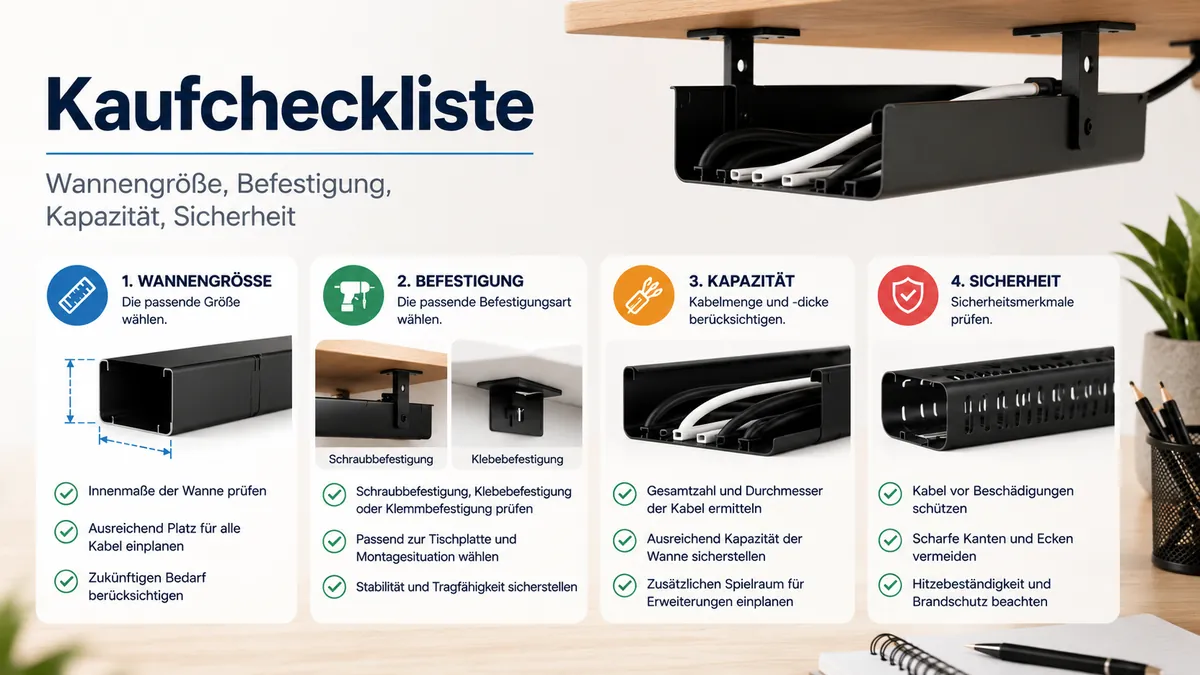 Kaufcheckliste für ein Kabelmanagement-System mit Wannengröße, Befestigungsart, Kabelkapazität und Sicherheitsprüfungen