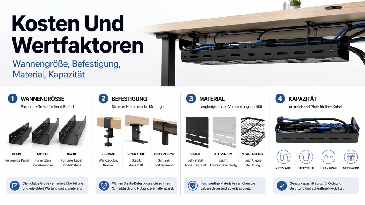 Kostenfaktoren eines Kabelmanagement-Systems für den Schreibtisch nach Wannengröße, Befestigungsart, Material und Kabelkapazität