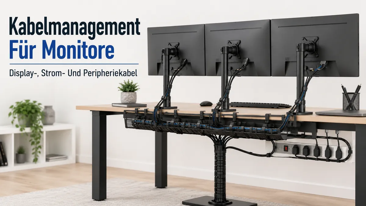 Kabelmanagement-System für mehrere Monitore mit gebündelten Display-, Strom- und Peripheriekabeln