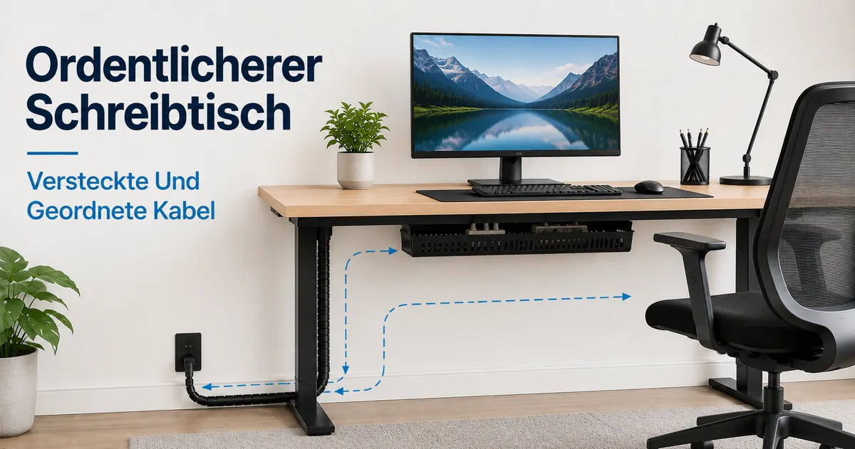 Ordentlicherer Schreibtisch mit einem Kabelmanagement-System, das sichtbare Kabel versteckt und Kabel unter der Tischplatte ordnet