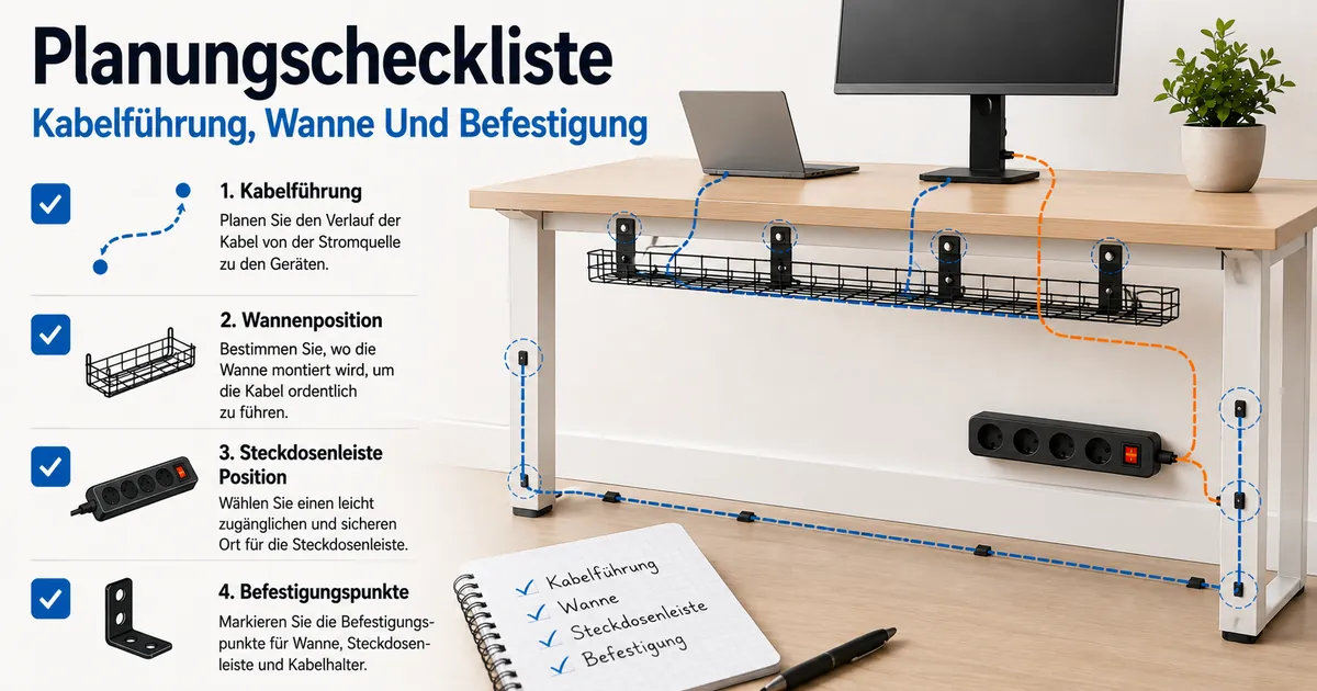 Planungscheckliste für ein Kabelmanagement-System mit Kabelführungen, Position der Kabelwanne, Steckdosenleiste und Befestigungspunkten