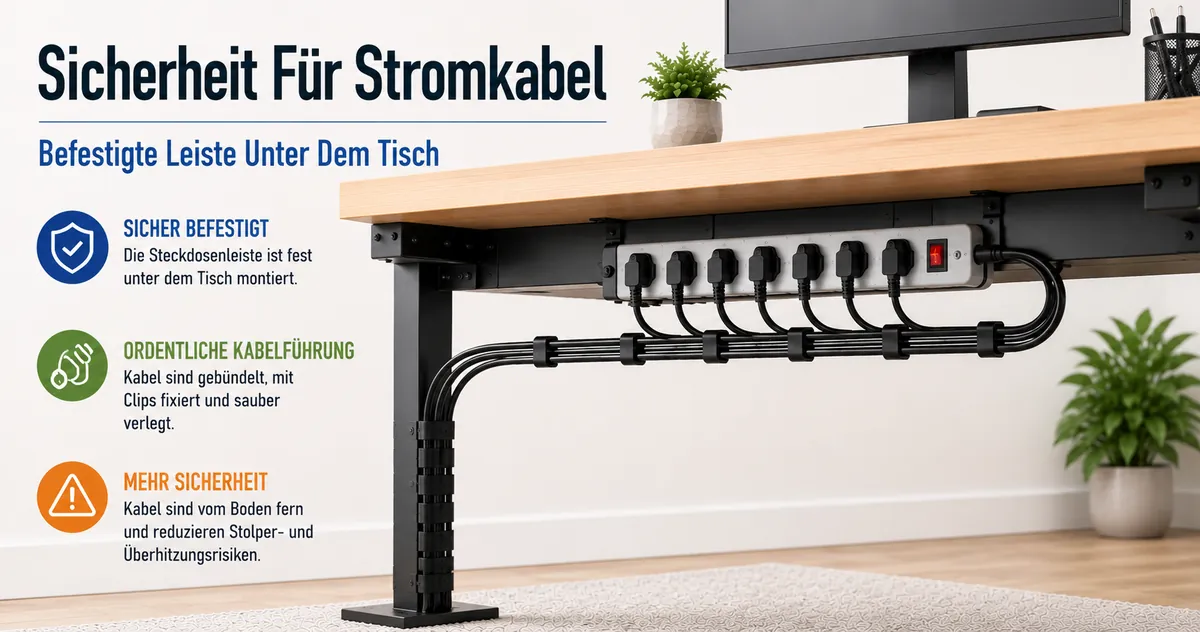 Sichere Kabelführung mit Stromkabeln und befestigter Steckdosenleiste unter dem Schreibtisch