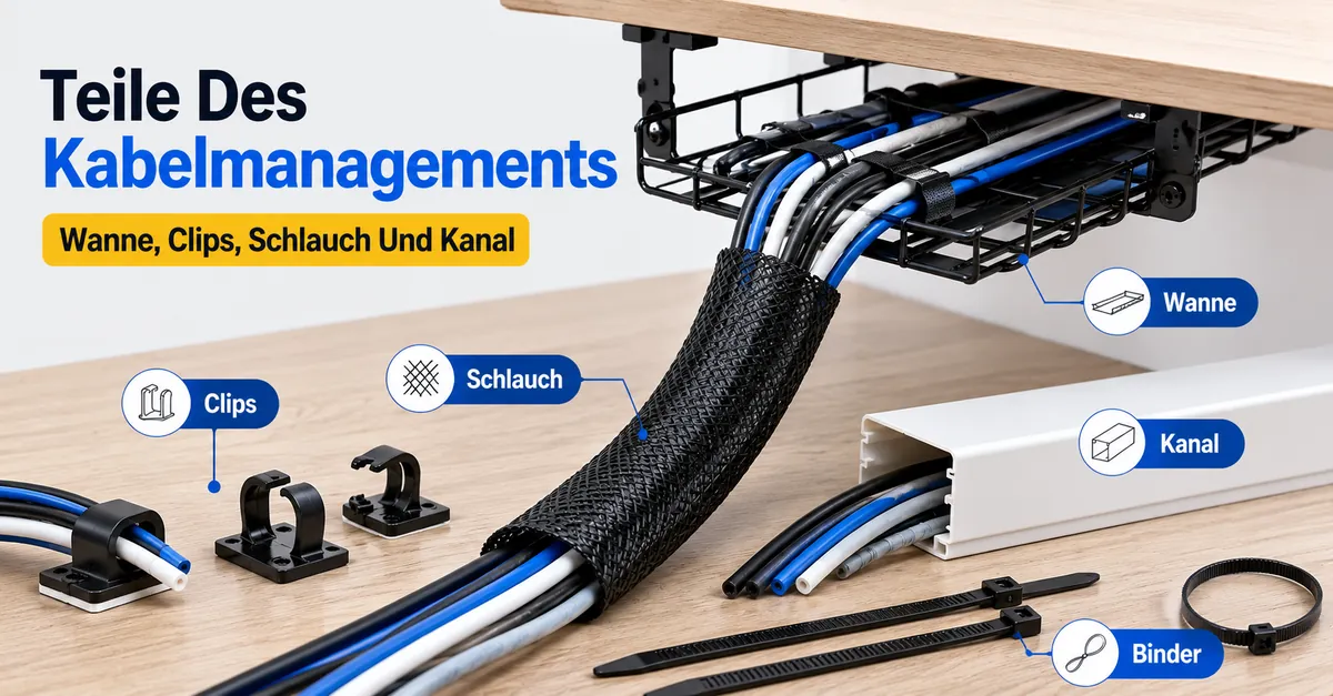 Zentrale Teile eines Kabelmanagement-Systems für den Schreibtisch, darunter Kabelwanne, Clips, Kabelschlauch, Kabelkanal und Kabelbinder