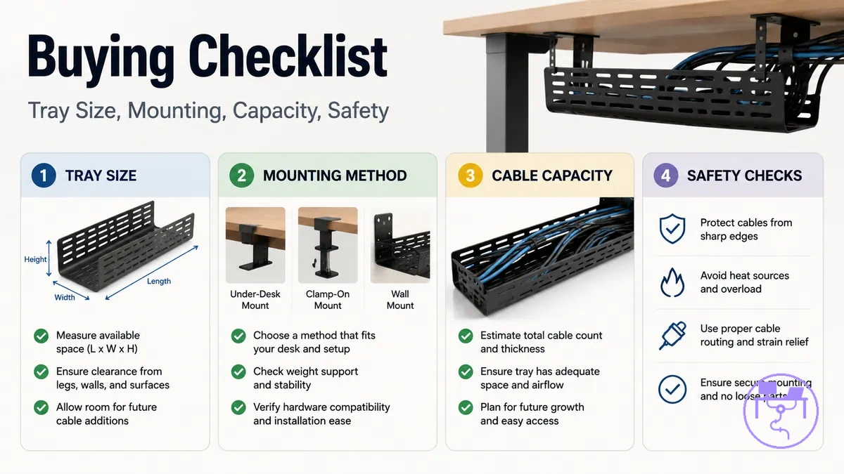 Desk cable management system buying checklist with tray size, mounting method, cable capacity, and safety checks
