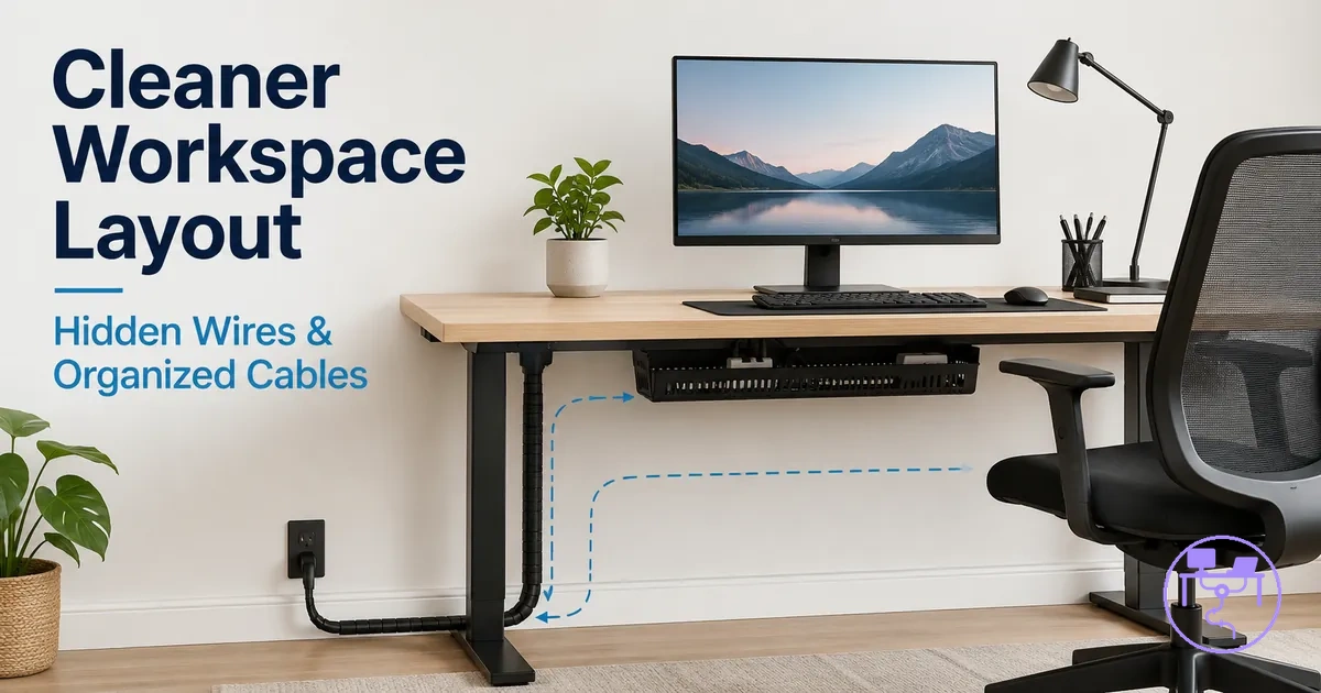 Cleaner workspace layout with a desk cable management system hiding visible wires and organizing under-desk cables