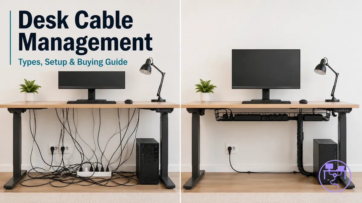 Desk cable management system with under-desk trays, routed cords, and organized workstation cables