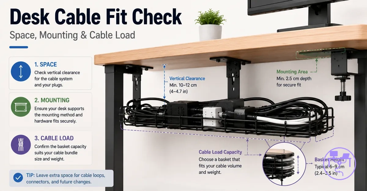 Desk cable management system fit check showing desk underside space, mounting area, and cable bundle capacity