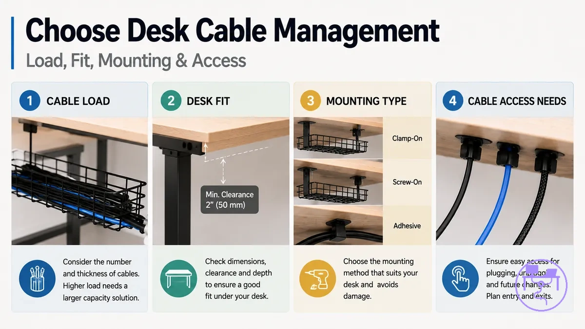 Choosing a desk cable management system by cable load, desk fit, mounting type, and cable access needs