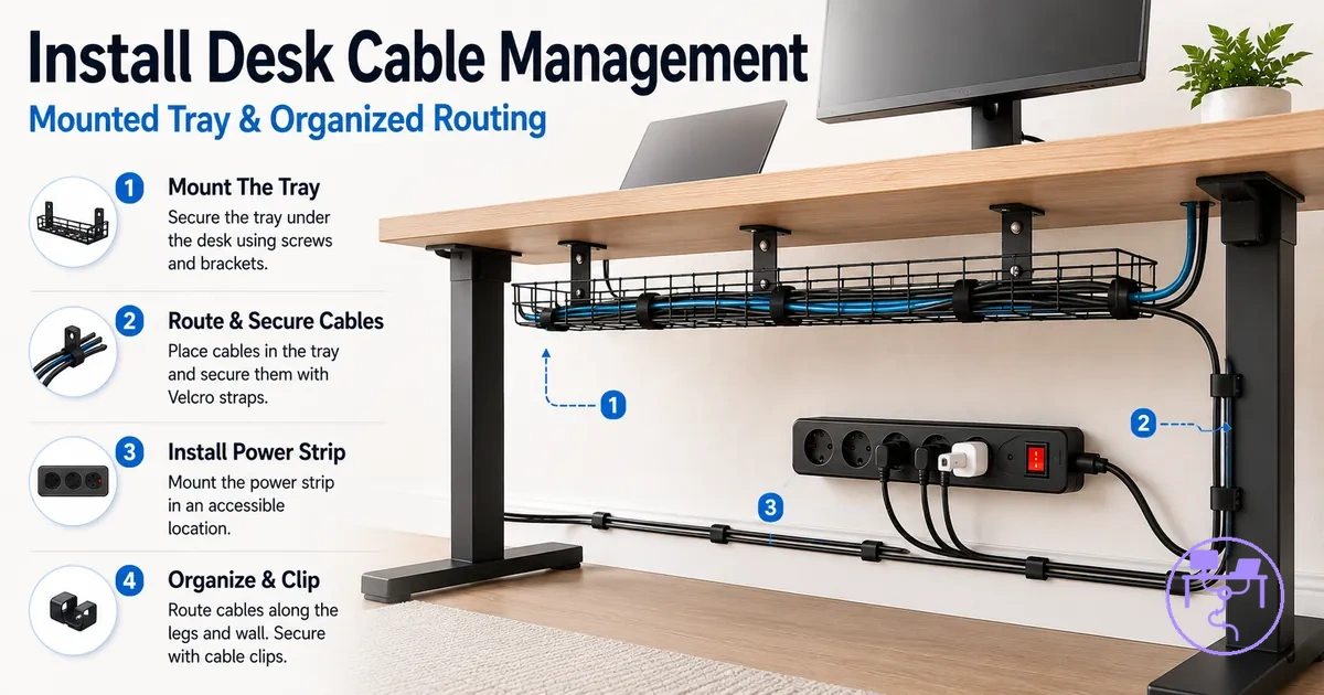 Installing a desk cable management system under a desk with mounted tray and organized cable routing