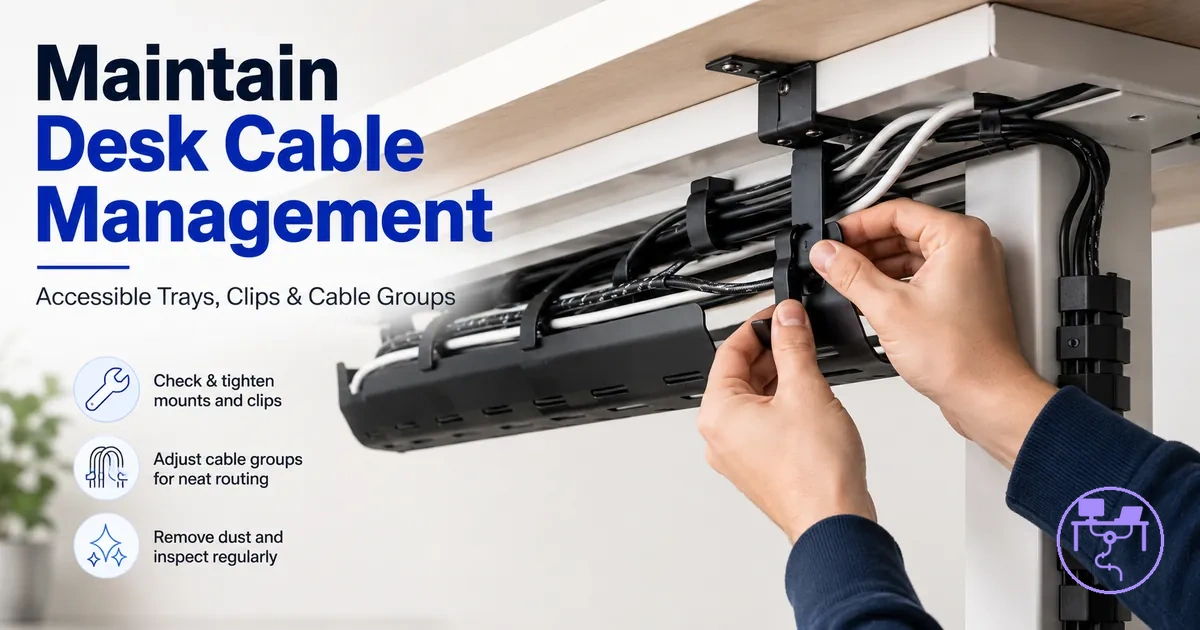 Adjusting and maintaining a desk cable management system with accessible trays, clips, and organized cable groups