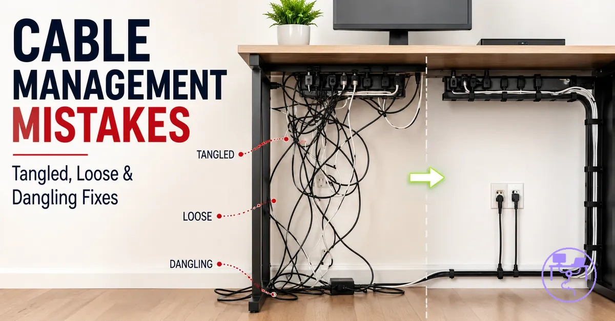 Desk cable management system problems with tangled, loose, and dangling cables being corrected under a desk