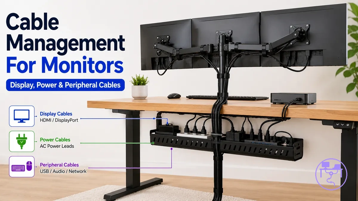 Desk cable management system for multiple monitors with grouped display, power, and peripheral cables