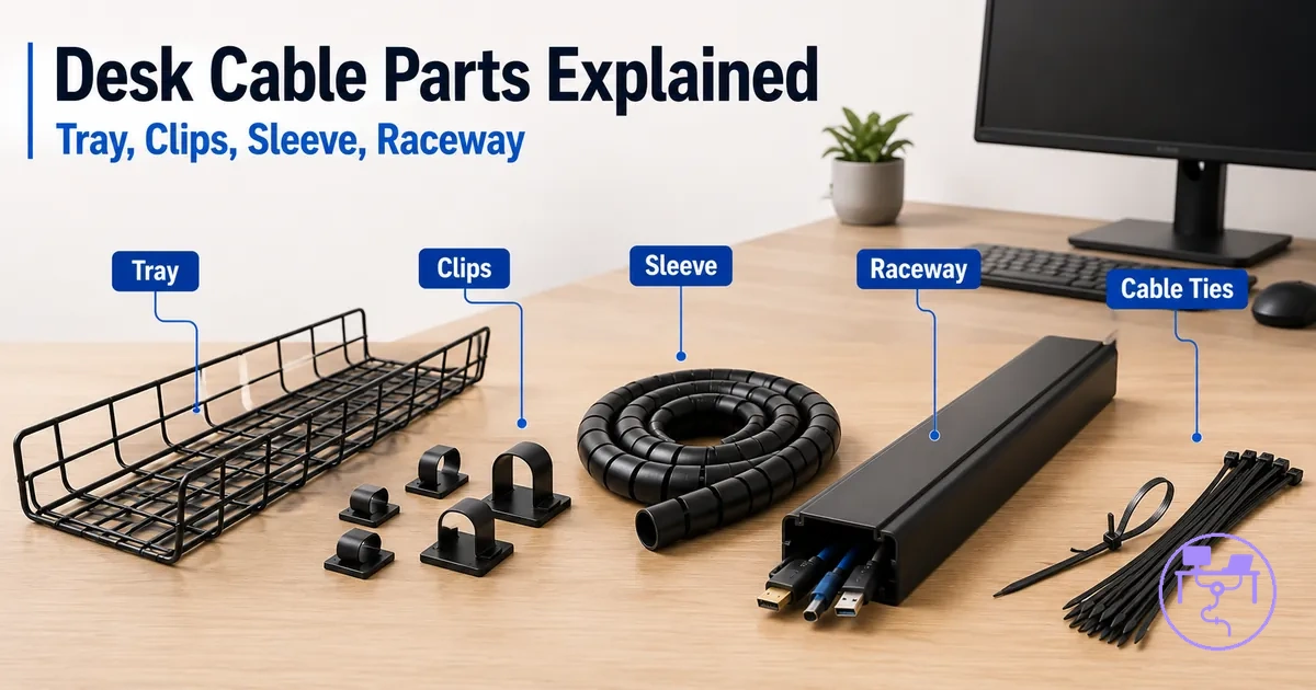 Main parts of a desk cable management system including tray, clips, sleeve, raceway, and cable ties