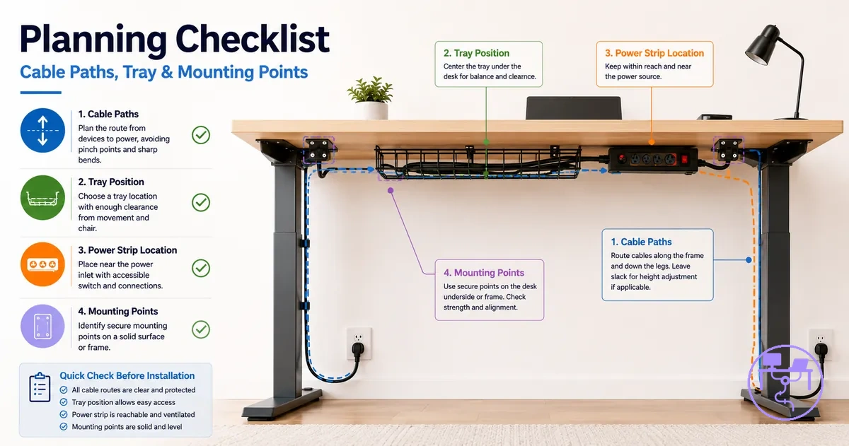Desk cable management system planning checklist with cable paths, tray position, power strip location, and mounting points