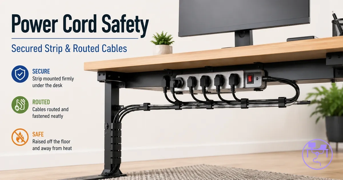 Safe desk cable management system layout with power cords and power strip secured under the desk