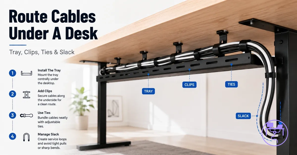 Cables routed under a desk through a cable management tray with clips, ties, and controlled slack