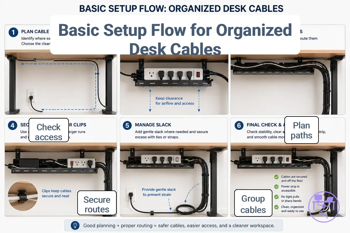 Basic setup flow showing grouped and routed desk cables under a workstation.