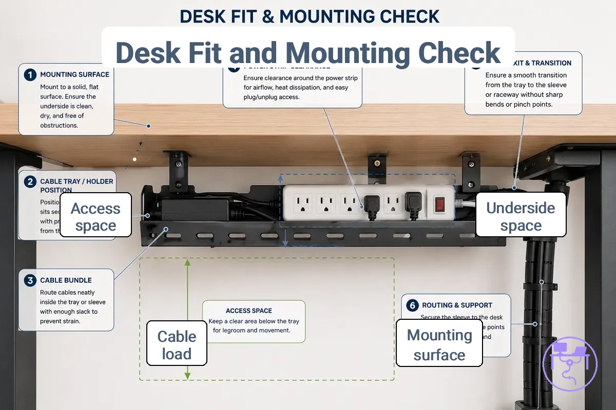 Desk fit check for mounting a cable management system under a workstation.