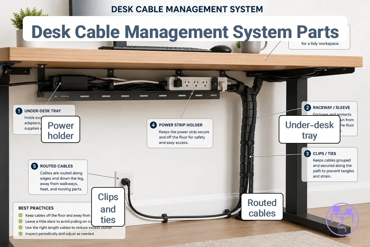 Main parts inside a desk cable management system under a workstation.