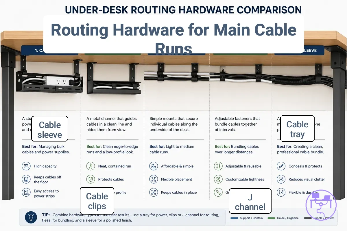 Comparison of cable tray, J channel, clips, ties, and sleeve for under-desk cable routing