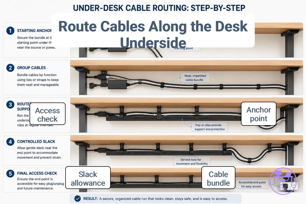 Step-by-step under-desk cable route showing anchor point, supported cable bundle, and slack allowance