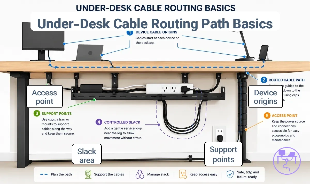 Diagram of under-desk cable routing path with support points and slack area