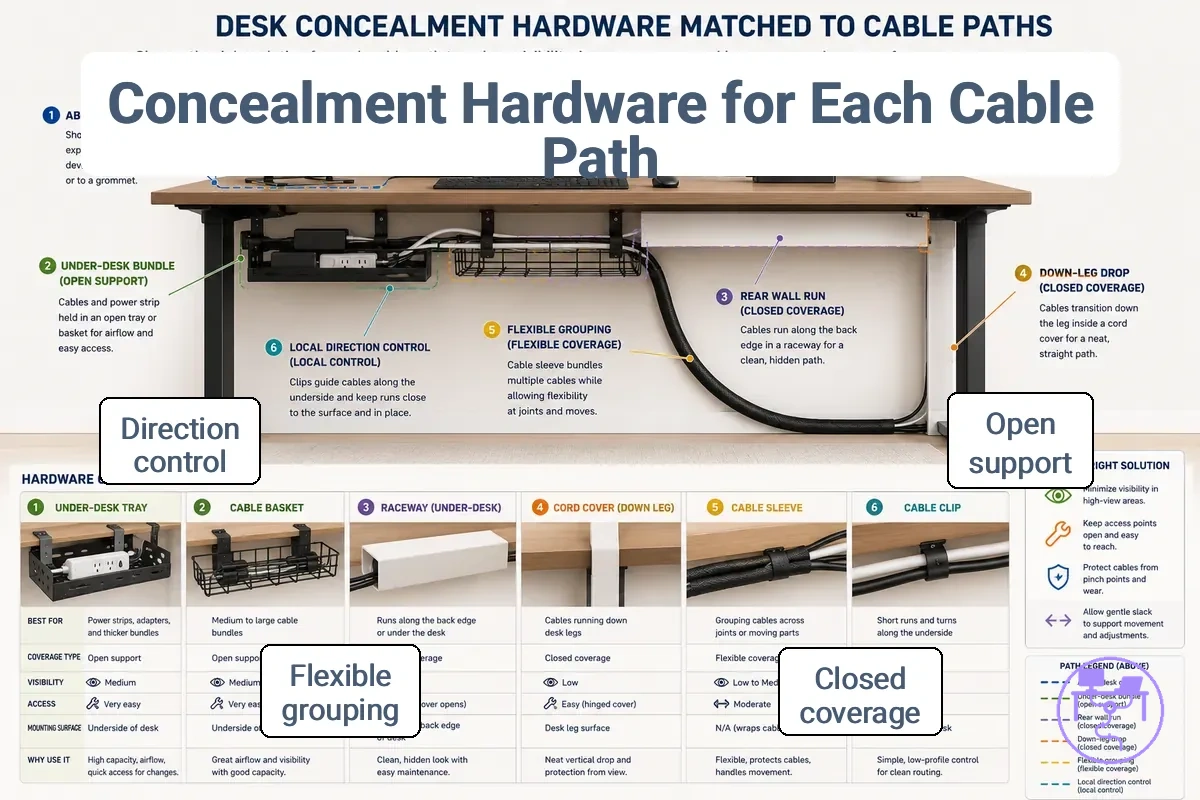 Concealment hardware matched to different cable paths